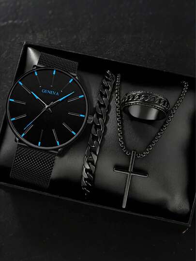 Set de regalo de moda minimalista para hombres de 4 piezas: Reloj de cuarzo casual de piel de PU redondo, collar de cruz negro, pulsera y anillo - Accesorios casuales de negocios para hombres, mejor regalo para compañeros de clase, colegas y amigos