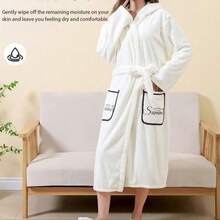 1 pieza Bata de baño blanca bordada para adultos, larga, suave, gruesa, con capucha, absorbente y de secado rápido, de unicolor, adecuada para dormitorio, baño, piscina, vuelta al colegio, primavera/otoño/invierno