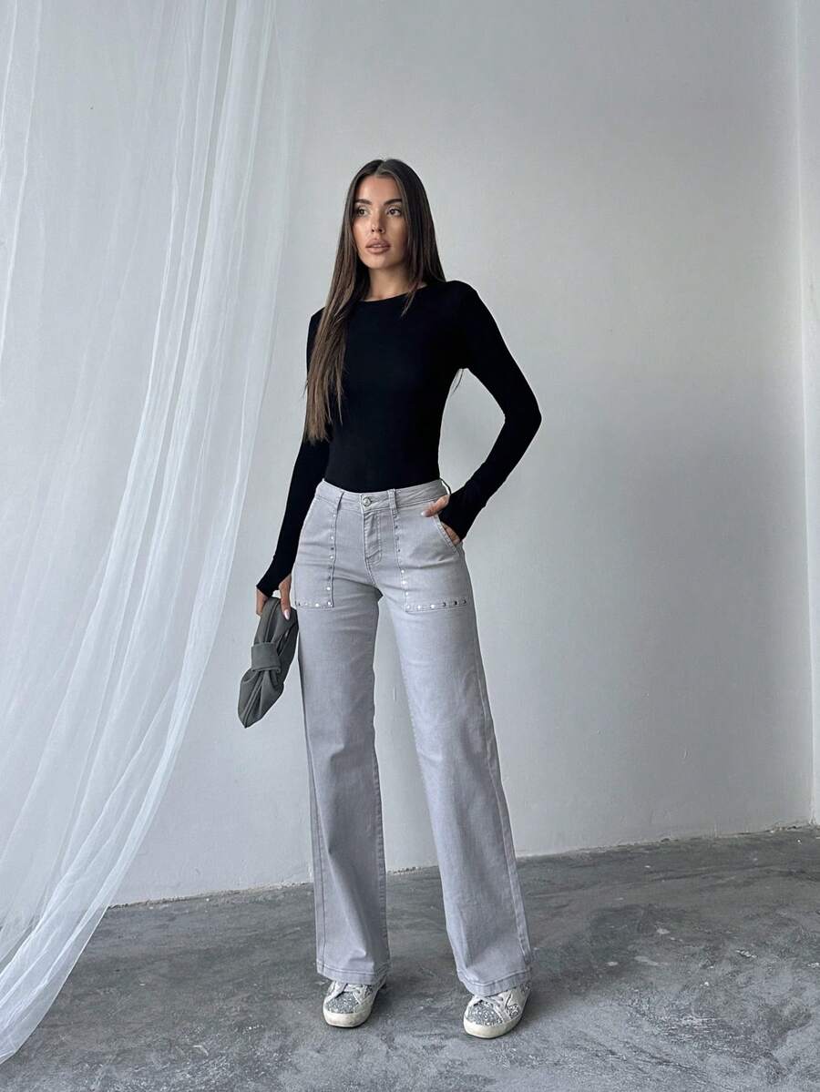 Pantalones anchos de mujer con estampado de piedra - Gris - Ver 1