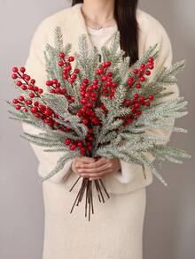 3/6pcs Christmas Tree Branches,2 Green Branches + 1 Red Berry Branches,PE Material,Artificial Cedar Red Berry Branches,Christmas Decorations And Ornaments,21. 65inch/55cm, Artificial Flowers, Autumn And Winter, Artificial Plants, Artificial Flowers, Christmas, Christmas Decorations, Fake Plants