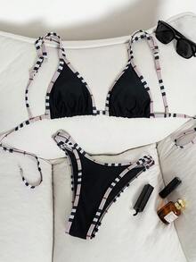 Women's Contrast Trim Backless Tie Front Bikini Set, Beach Vacation - Black - View 3