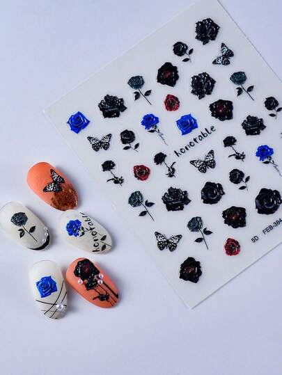 1 Sheet 5D Embossed Rose Nails Sticker DIY Adhesive Manicure Nail Art Sticker Decals