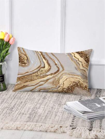 قطعة واحدة من غطاء وسادة مزخرف بنمط رخامي فاخر، شكل مستطيل مبتكر بسحاب مخفي، مطبوع على جانب واحد، بدون قلب وسادة، مناسب لتزيين غرفة المعيشة وغرفة النوم، جميع الفصول