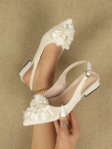 女士时尚百搭舒适秋季新款水钻扣外套裙搭配粗跟尖头一脚蹬鞋 - 杏色 - 查看 9