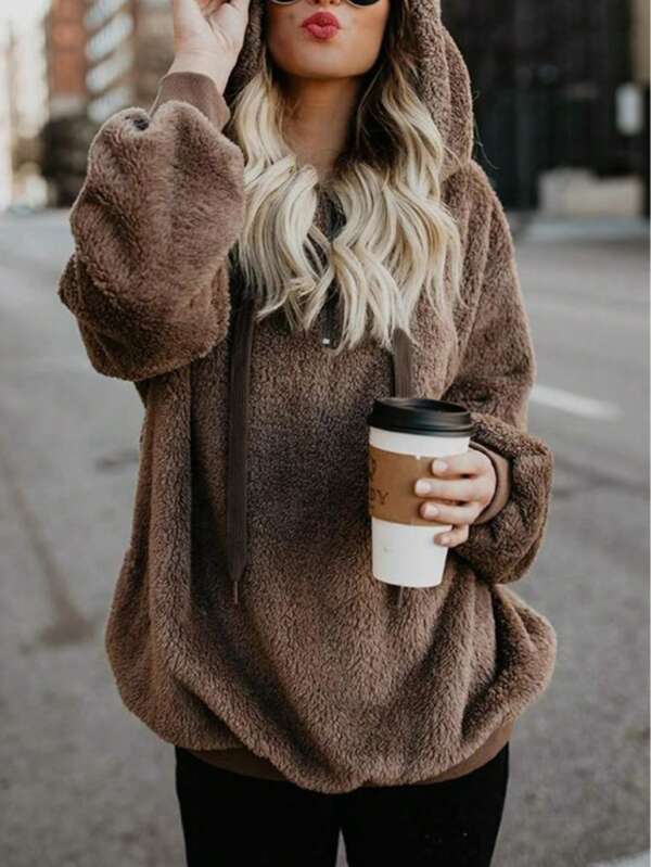 Ladies' Hooded Sweatshirt, Sporty Fluffy Pullover Hooded Sweatshirt With Pockets, Lightweight Zipped Fleece Hooded Sweatshirt