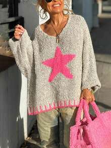 Star Contrast Color Knit Sweater With Trim, Casual Wear For Spring And Autumn - Light Grey - View 4
