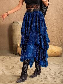 Rusttydustty 女士蓝色波点层叠不对称复古浪漫半身裙，适合度假、情人节、新年派对及其他节日穿着。 - 寶藍色 - 查看 4