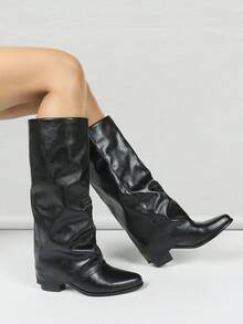 Women's Autumn/Winter New Ankle Boots, Women's Retro Casual Pleated Low Heel Long Boots, Commuting Street Style Versatile Boots, Knee-High Boots, Fall, Fashionable Item To Pair With Skirts, Leather Pants, Coats