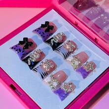 NailLuxe 10 PCS Handmade Duckbill Press - On Nails | GlamBowSparkle With Acrylic Rhinestone Bows, Zebra Patterns & Snake Accents - Mauve Purple - View 9