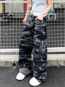 1pc American Casual Street Style Men's Hand-Painted Cargo Pants, Wide Leg Relaxed Fit Versatile Jeans, Patchwork Design, Suitable For All Seasons (Belt And Accessories Not Included) - Black - View 2