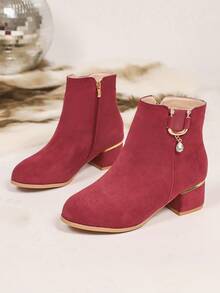 秋冬优雅麂皮中跟粗跟酒红色踝靴，水钻侧拉链靴，时尚弹力女式踝靴 - 酒紅色 - 查看 7
