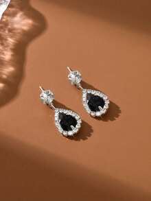 2pcs Sparkling Cubic Zirconia Crystal Dangle Earrings, Bridal Wedding Dress Accessories, Party & Evening Earrings - Black - View 5