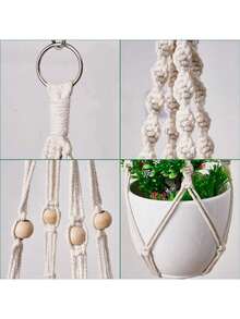 1pc White Woven Hanging Planter Basket, Handmade Cotton Rope Decorative Flower Pot Holder For Home, Farmhouse