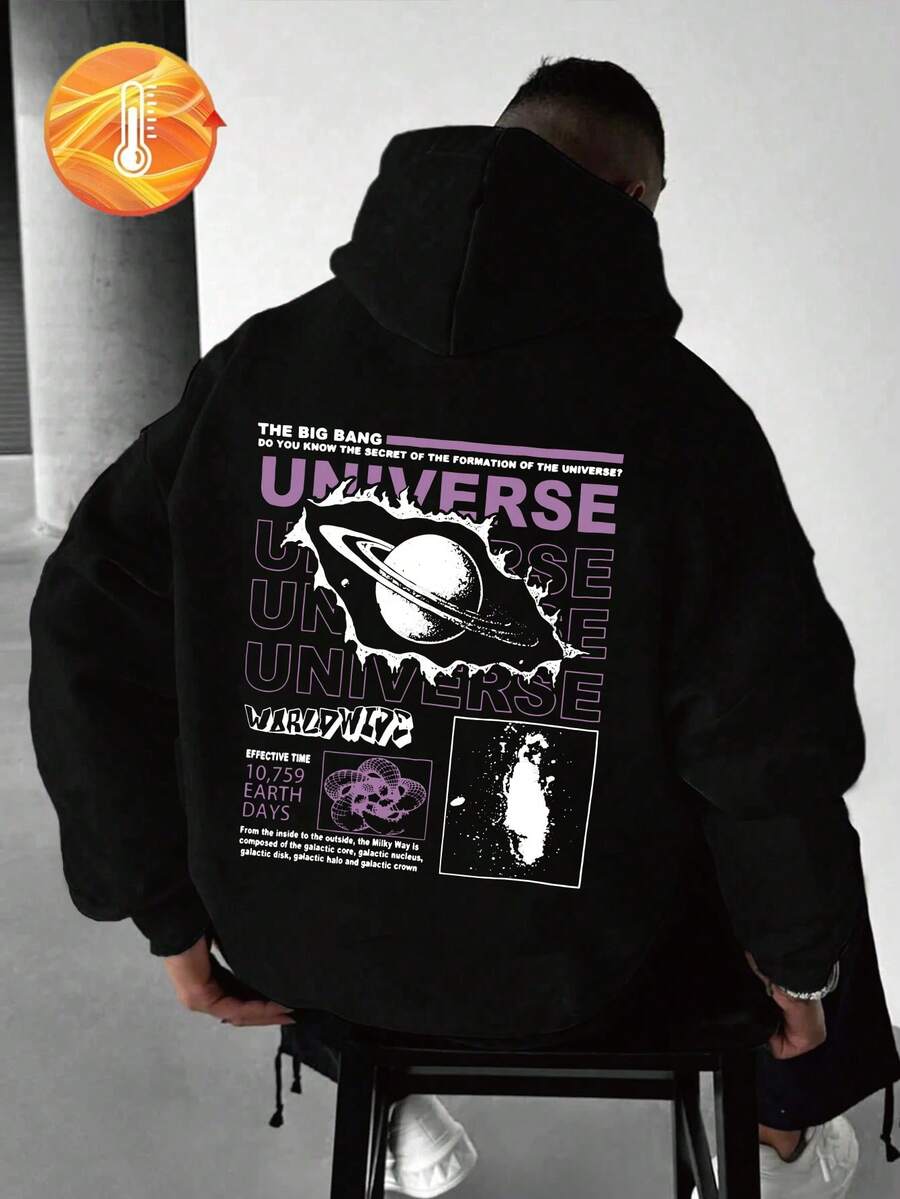 Hanorac negru pentru bărbați, mărime mare, stil stradal, casual, cool, cu imprimeu galaxie și engleză goală, în gradient