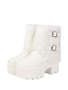 时尚厚底防水人造毛皮靴，女士侧拉链中筒靴，厚底圣诞踝靴 - 白色 - 查看 2