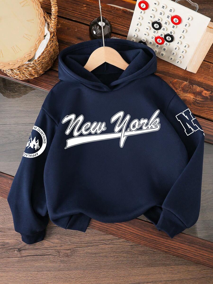 Young Boy Letter Print Warm Hoodie Sweatshirt