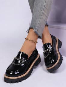 Mocassini casual da donna con punta tonda, neri, con suola spessa, scarpe basse adatte per l'uso quotidiano, per tutte le stagioni