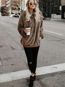 Ladies' Hooded Sweatshirt, Sporty Fluffy Pullover Hooded Sweatshirt With Pockets, Lightweight Zipped Fleece Hooded Sweatshirt