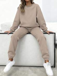 Women's Autumn And Winter Simple Solid Color Loose Pullover Sweatshirt + Solid Color Elastic Waist Cuffed Long Pants Casual, Fashionable, Temperamental, Commuting, Versatile Two-Piece Set - Màu be - Xem 4