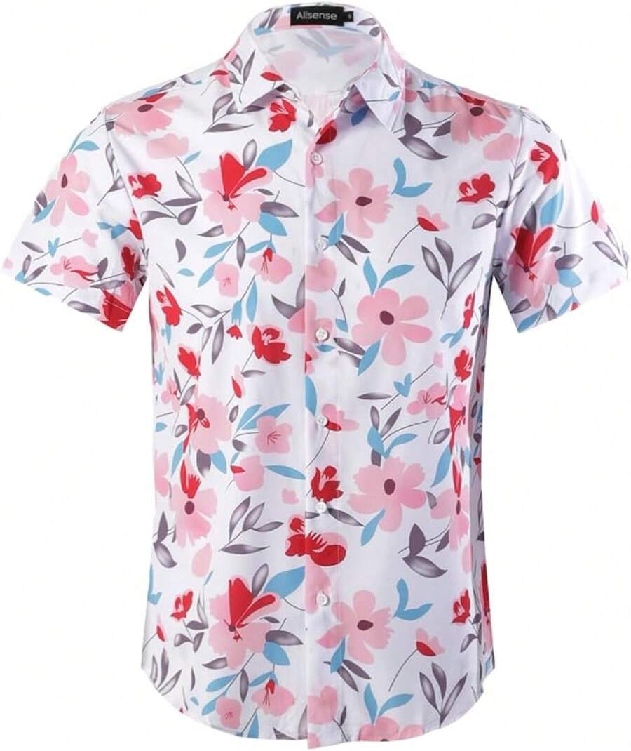 Men's Short-Sleeve Button-Down Tropical Hawaiian Shirt-20256688 - 花卉白粉色 - 查看 1