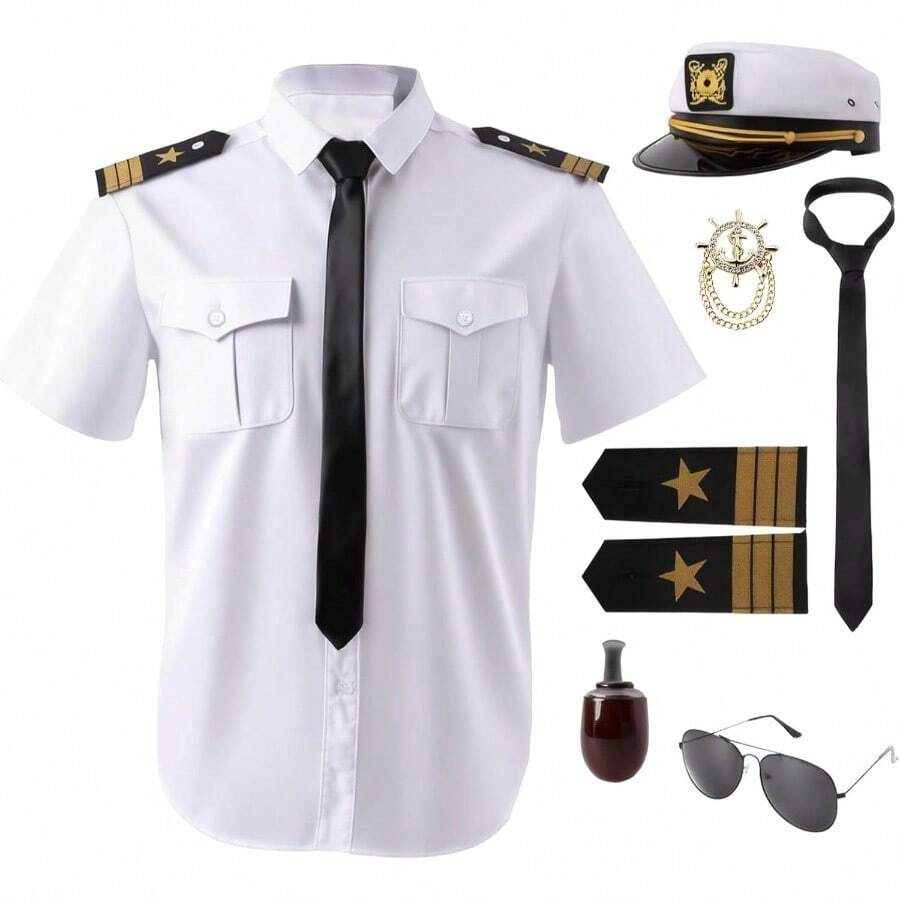 Yacht Captain Sailor Costume Men, 7PCS Cruise Accessories With Captain Hat Nautical Theme Party Halloween - Cực lớn - Xem 1