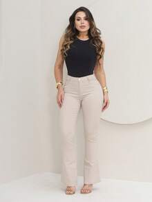 Women's Flare Jeans, High Waist, Bell Bottom - Beige - View 4
