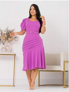 Women's Evangelical Midi Dress With Belt And Button, Secretary , Church Worship Uniform - 中紫紅色 - 查看 3