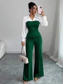 Conjunto de 2 piezas de mujer con rayas finas y parches, elegante y casual, con blusa de manga larga y pantalones, adecuado para la oficina y el hogar, primavera/verano/otoño