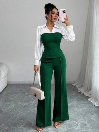 Damset med tunt randigt lapptäcke, elegant och avslappnad 2-delat set, långärmad topp och byxor, lämplig för kontor och hem, vår/sommar/höst