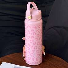 800ml 豹纹和牛纹保温水瓶 - 时尚 304 不锈钢旅行杯，配有便携式手柄和折叠吸管 - 非常适合露营、野餐、礼物、生日、派对、办公室和日常使用 - 彩色 - 查看 5