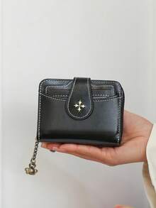 Elegant Retro Style Mini Women's Wallet - Black Snap Closure Polyester | Floral Chain Pendant Suitable For Storing Credit Cards And Cash For Women Mini Wallet Small Wallet Coin Wallet Purse Wallet For Men Wallet Cute Wallet Keychain Pouch Lanyard - Black - View 4