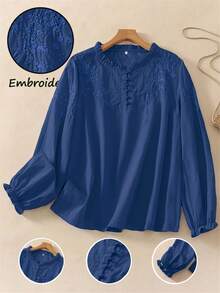 Women's Embroidered Loose Retro Long Sleeve Blouse Top, Suitable For Autumn - Navy Blue - View 4