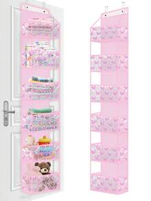 1 件 4/6 层门上收纳架，带 2 个挂钩，大容量无纺布壁挂式储物袋，带透明 PVC 口袋，门后蝴蝶结郁金香图案储物架，适用于卧室育儿室衣橱洗衣房餐具室浴室。（粉色） - 粉色 - 查看 8
