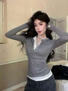 初秋女士休闲二合一修身长袖T恤