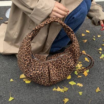 여성 숄더백, 대용량 소프트 크레센트 백, 패셔너블한 레오파드 프린트, 쇼핑 및 파티에 적합, 브라운