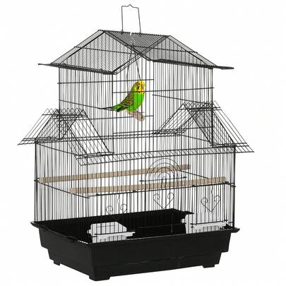 PawHut 25" Bird Cage For Finches, Canaries, Budgies, Indoor Parrot Cage With Perch, Swing, Food Container, Slide-Out Tray, Handle, Black
