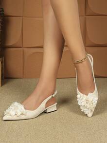 女士时尚百搭舒适秋季新款水钻扣外套裙搭配粗跟尖头一脚蹬鞋 - 杏色 - 查看 4