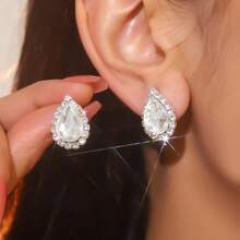 復古淚滴水晶水鑽耳環釘狀首飾適合女士1對 - 銀色 - 查看 10