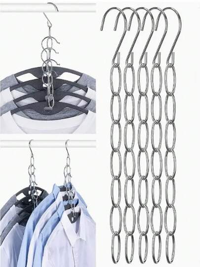 5/10pcs, 50cm/19.69inch Space Saving Stainless Steel Chain Hangers Organizer With 14 Slots, All-In-One Foldable Vertical Space Saving Hanger Rack, Suitable For Clothing Stores, Home Closets, Laundry Rooms