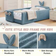 YOGLAD Twin Size Upholstered Platform Bed Frame With Cute Rabbit Ear Shaped Headboard & Safety Rails, Kids Bed With Storage Drawers, Boucle Fabric, Soft Plush Headboard, No Box Spring Needed, Easy Assembly, Modern Nursery Bedroom Furniture For Girls Boys Toddlers - 藍色 - 查看 4
