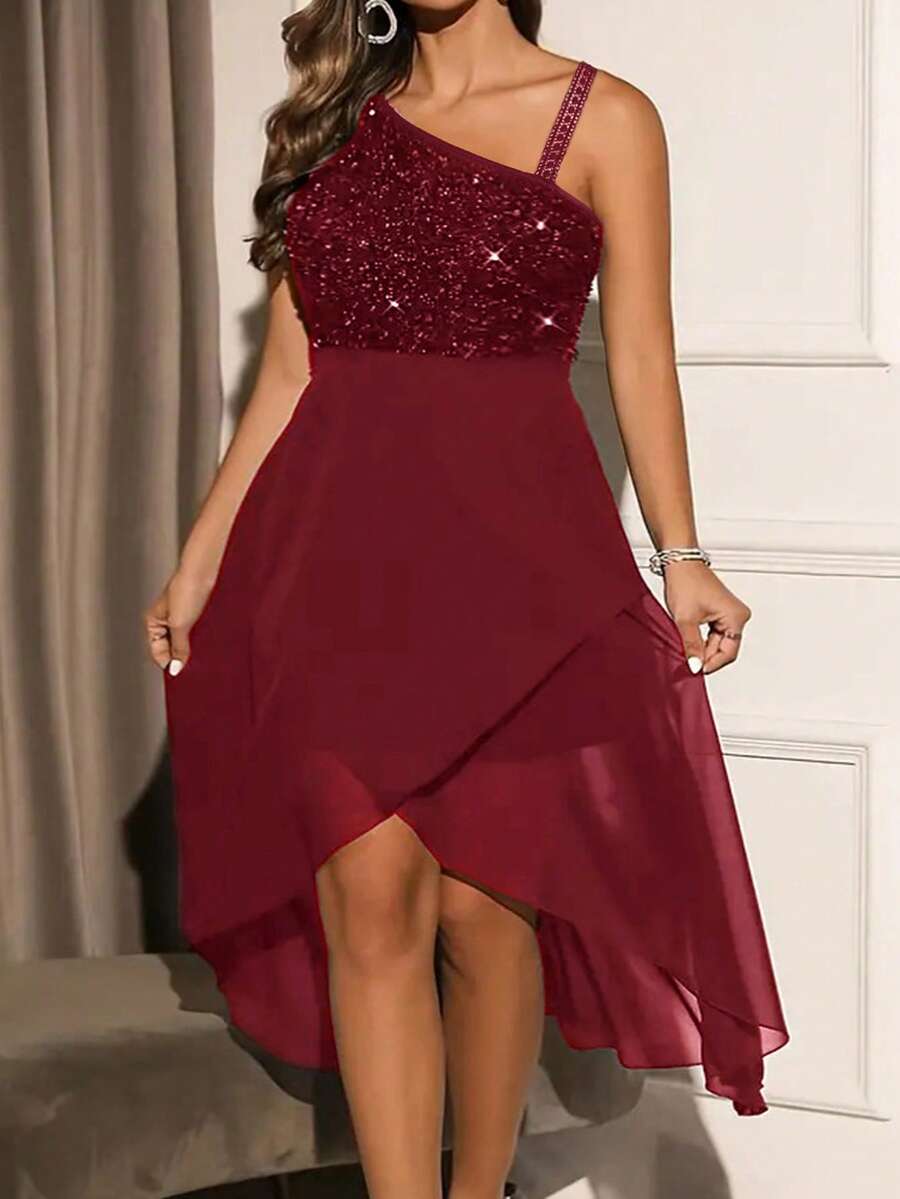 Plus Size Women's Sequin Wrap Sleeveless High Waist A-Line Midi Dress, Short Front Long Back Party Gown Wedding Spring