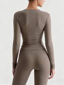 XLLAIS Women's Fashionable Zip Collar Solid Color Tight Fit T-Shirt, Stretchy Long Sleeve Casual Sports Top - Brown - View 4