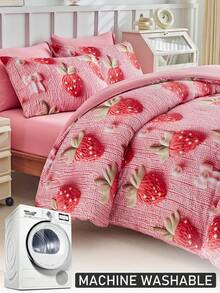 Juego de ropa de cama de 2/3 piezas con estampado digital 5D de fresa, juego de ropa de cama de dibujos animados lindo para todas las estaciones, funda de edredón para niños, niñas y adolescentes, suave, transpirable y lavable a máquina (1 funda de edredón + 1/2 fundas de almohada, sin relleno)