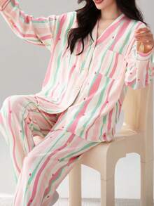 [PONX]2pcs/Set Women Soft Sleepwear Pajama Set, V-Neck Long Sleeve Top And Pants, Comfortable For Home Wear, Spring/Autumn, Fall Winter Clothes - Multicolor - View 2