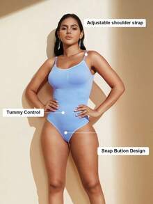 1pc Women Seamless Shaping Bodysuit With Thong Bottom, Slimming Bodyshaper Tummy Control Flat Belly Sheath Jumpsuit Shapewear Waist Trainer Shaper - 藍色 - 查看 5