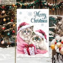 1 pièce Drapeau de jardin de poupée de chiffon à double face, style British Shorthair avec nœud rose et yeux bleus. Décoration en tissu pour les amateurs de chats, facile à accrocher. Drapeau de Noël, drapeaux pour l'extérieur, drapeaux amusants