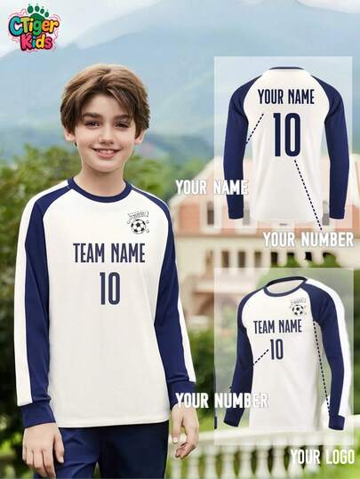 1 Stück personalisiertes Kinder Langarm Fußball Trainingstrikot - individualisierter Name/Nummer/Logo - Weiß & Navy Farbe - Blockstil - schnelltrocknend, feuchtigkeitsableitend - CTiger Kinder Linie - ideal für Jugendfußball, Volleyball, Training, Halloween, Thanksgiving, Weihnachten und Neujahr Geschenke