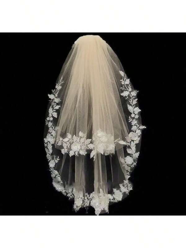 2025 New Bride Wedding Headpiece Lace Veil, White, Elegant High-End Minimalist Design For Photography
