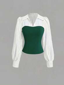 Conjunto de 2 piezas de mujer con rayas finas y parches, elegante y casual, con blusa de manga larga y pantalones, adecuado para la oficina y el hogar, primavera/verano/otoño