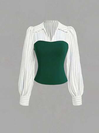 Damset med tunt randigt lapptäcke, elegant och avslappnad 2-delat set, långärmad topp och byxor, lämplig för kontor och hem, vår/sommar/höst